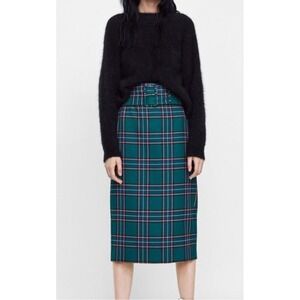 Zara Woman Green Plaid High Waist Belted Pencil Skirt Size M